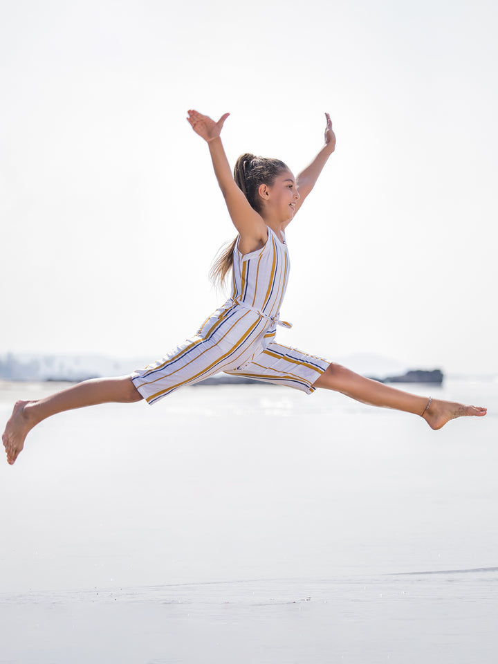 Yellow Striped Round Neck Jumpsuit - Girls Jumpsuit