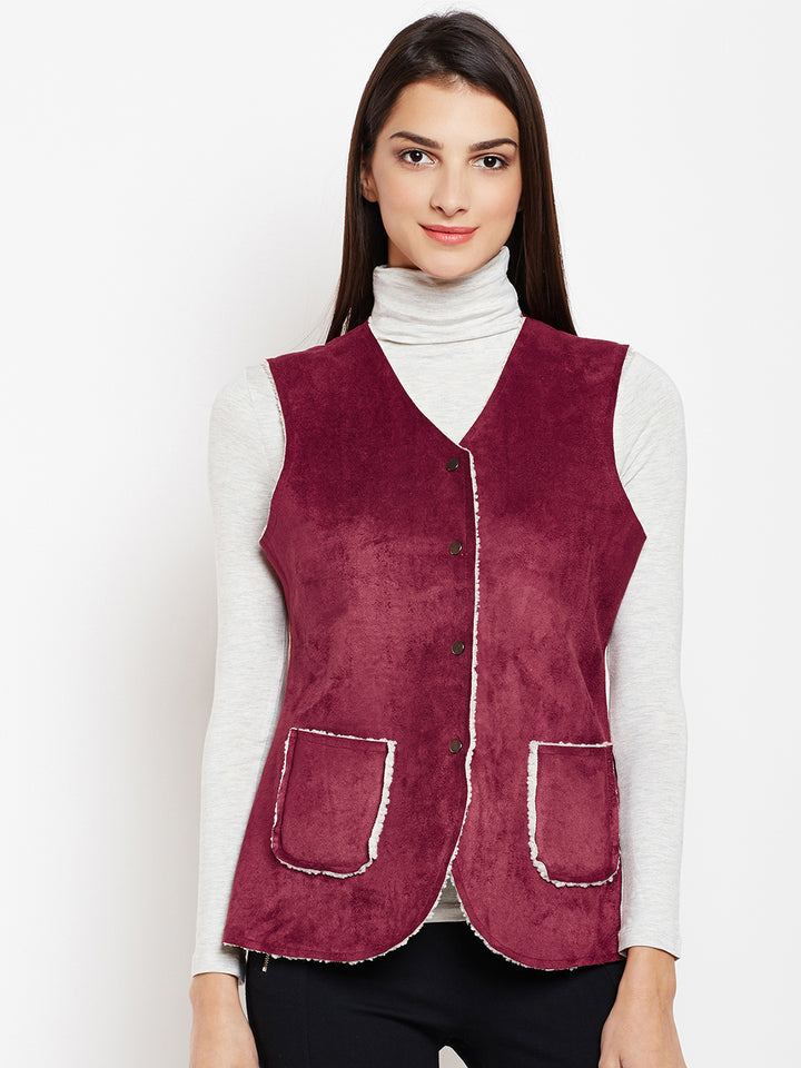 Maroon Solid Collarless Jackets-Women Jackets-Crimsoune Club