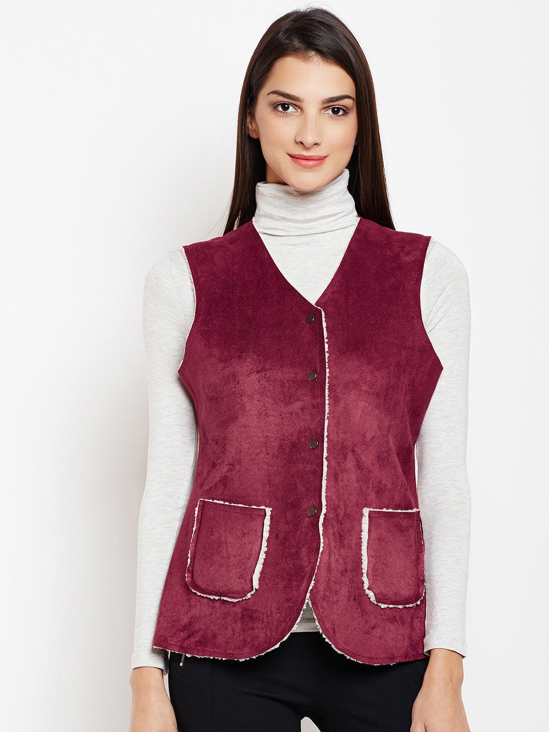 Maroon Solid Collarless Jackets-Women Jackets-Crimsoune Club