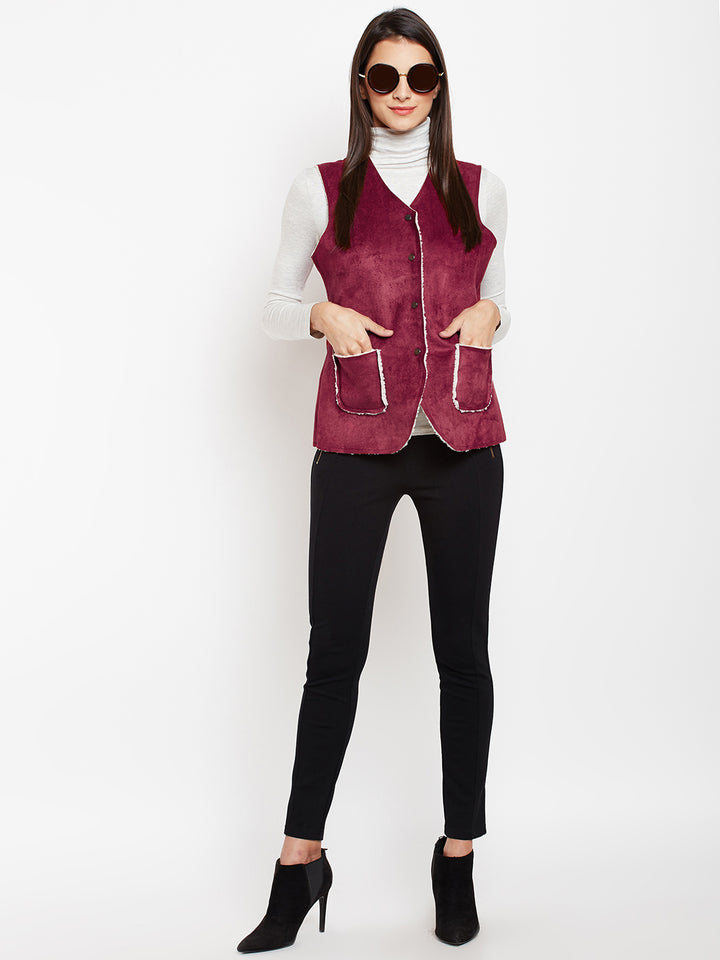 Maroon Solid Collarless Jackets-Women Jackets-Crimsoune Club