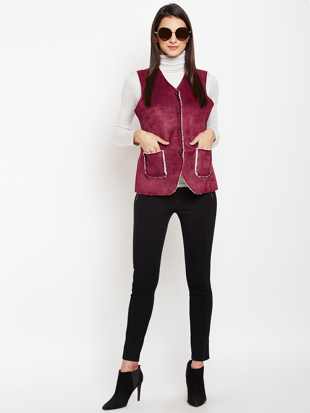 Maroon Solid Collarless Jackets-Women Jackets-Crimsoune Club