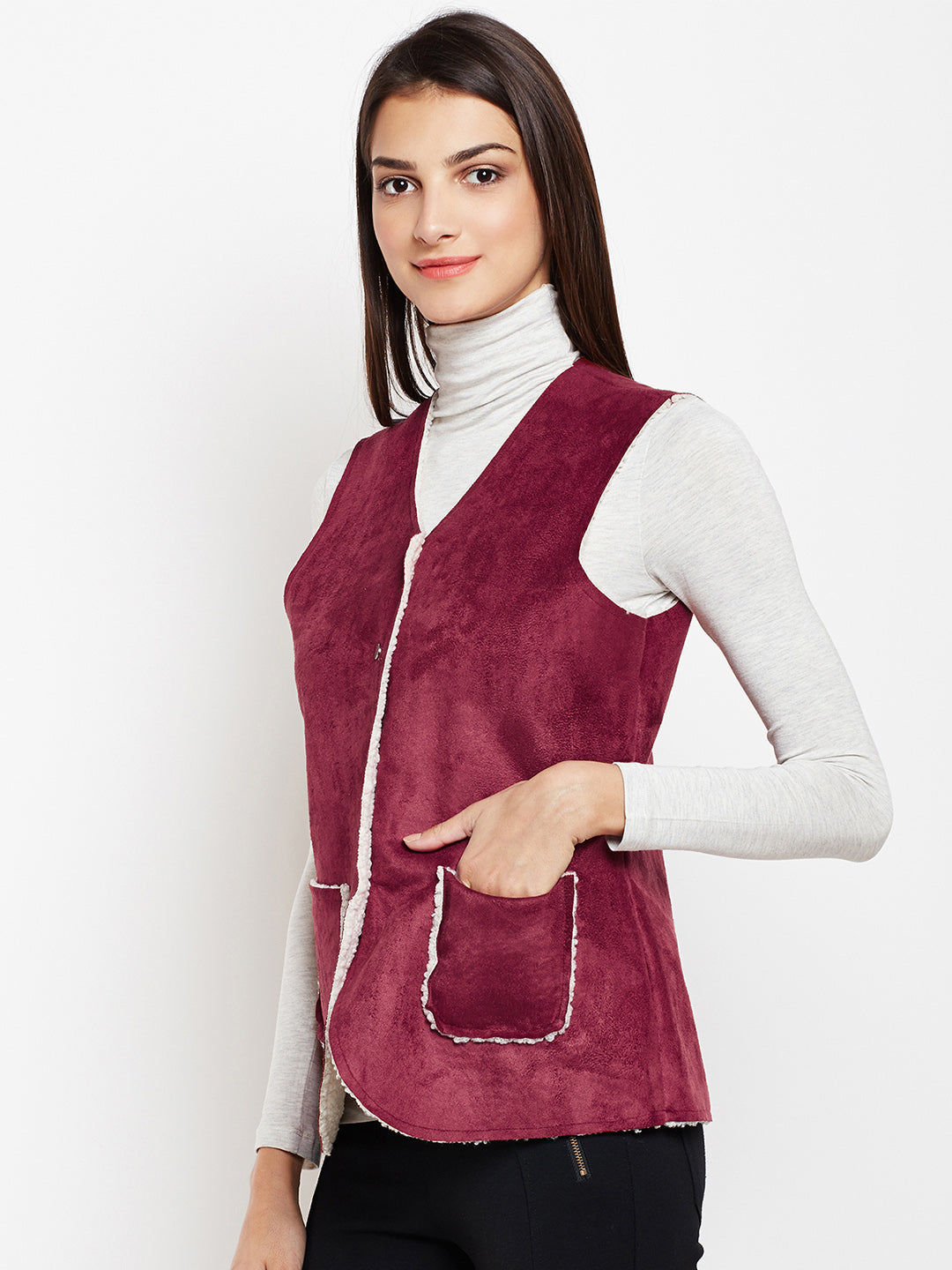 Maroon Solid Collarless Jackets-Women Jackets-Crimsoune Club