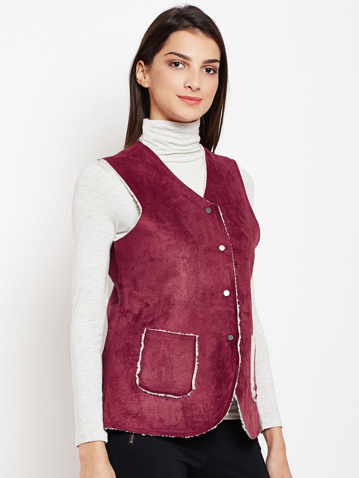 Maroon Solid Collarless Jackets-Women Jackets-Crimsoune Club