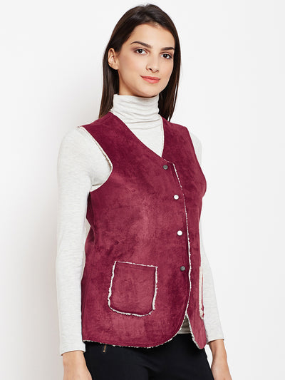 Maroon Solid Collarless Jackets-Women Jackets-Crimsoune Club