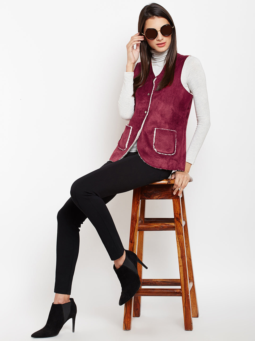 Maroon Solid Collarless Jackets-Women Jackets-Crimsoune Club