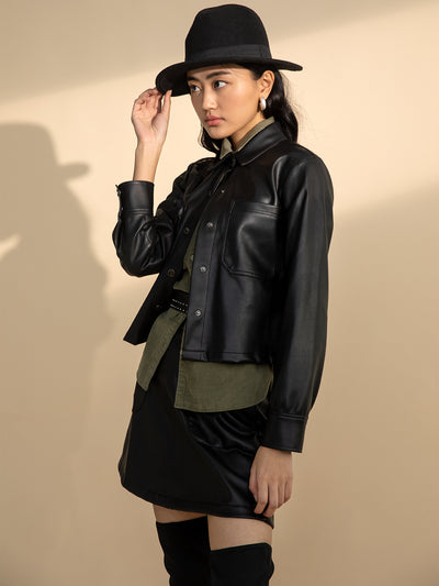 Cropped Black Faux Leather Jacket-Women Jackets-Crimsoune Club