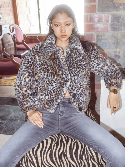 Animal Print Faux Fur Jacket-Women Jackets-Crimsoune Club