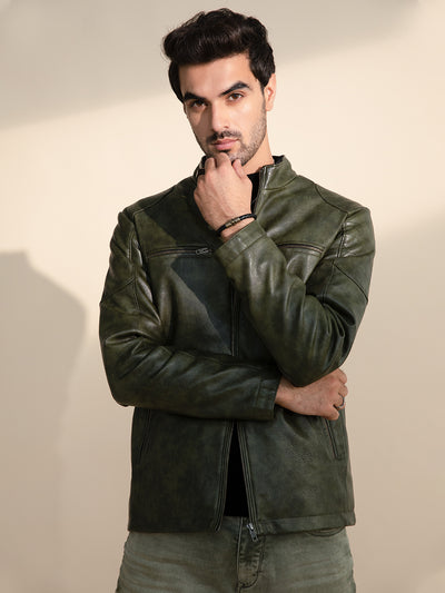 Olive Green Leather Jacket-Men Jacket-Crimsoune Club