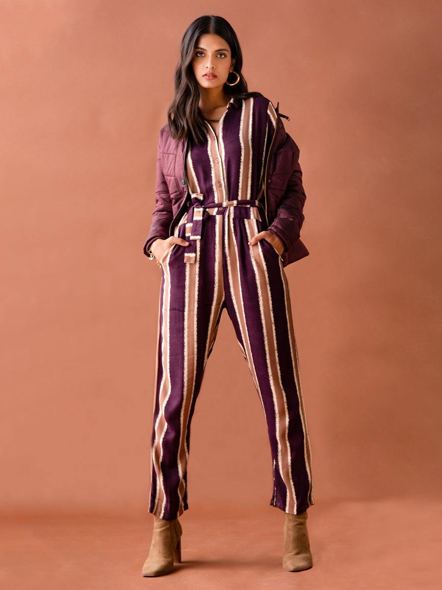 Maroon Striped Spread Collar Jump Suit - Women Jumpsuits