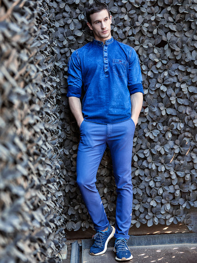 Navy Blue Slim Fit Denim Kurta - Men Kurtas