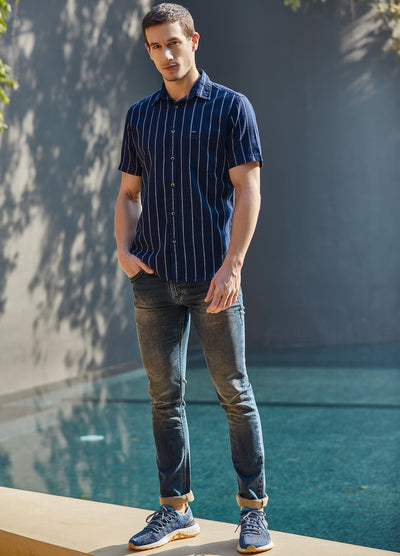 Navy Blue Striped Denim Shirt - Men Shirts