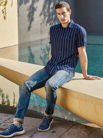 Navy Blue Striped Denim Shirt - Men Shirts