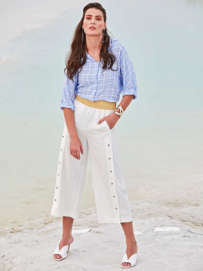 White Cotton Flared Trousers - Women Trousers