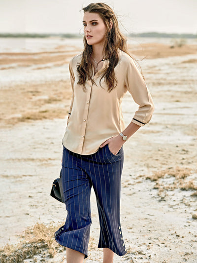 Navy Blue Striped Parallel Trousers - Women Trousers