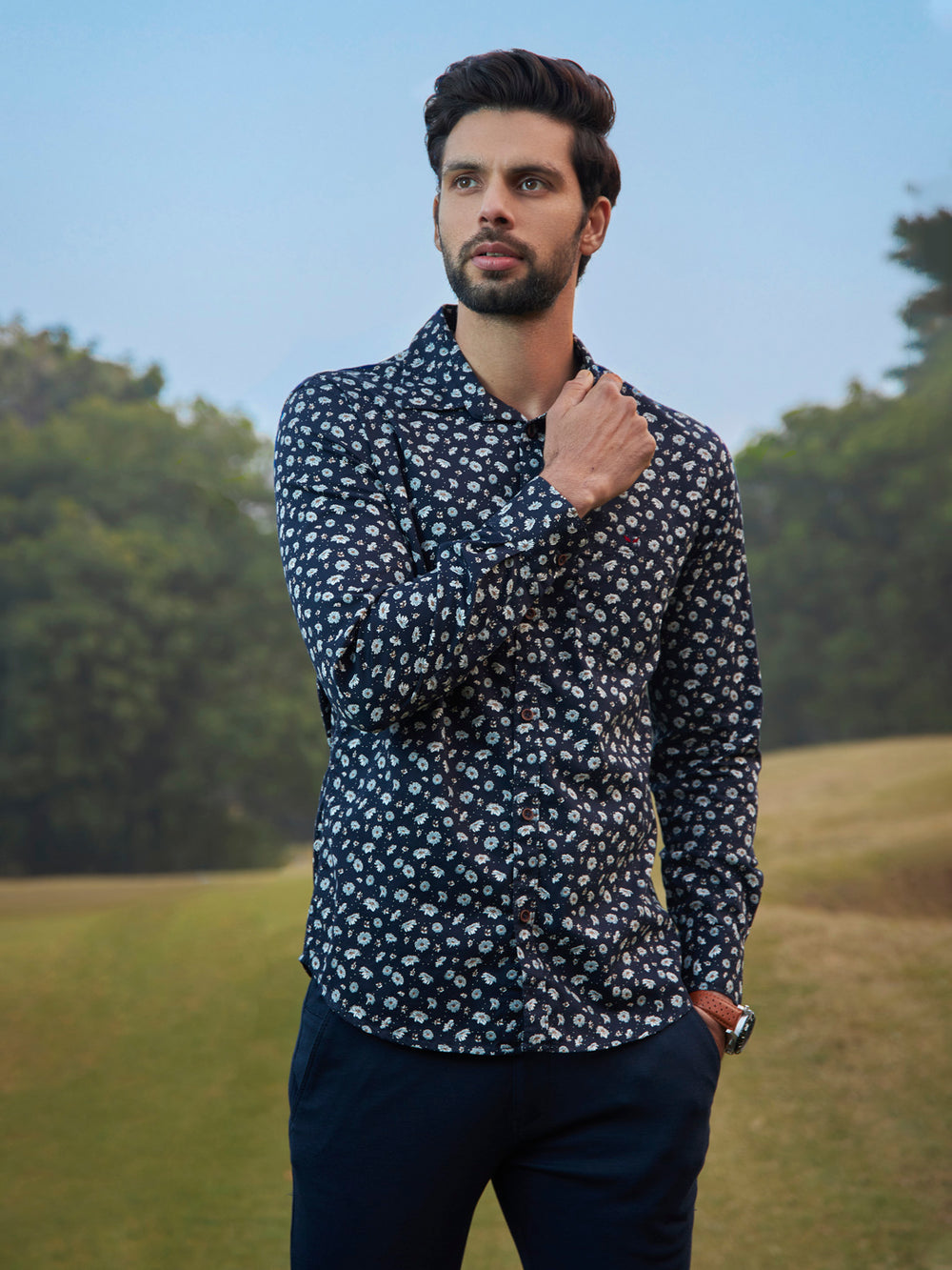 Navy Blue Floral Printed Shirt - Men Shirts