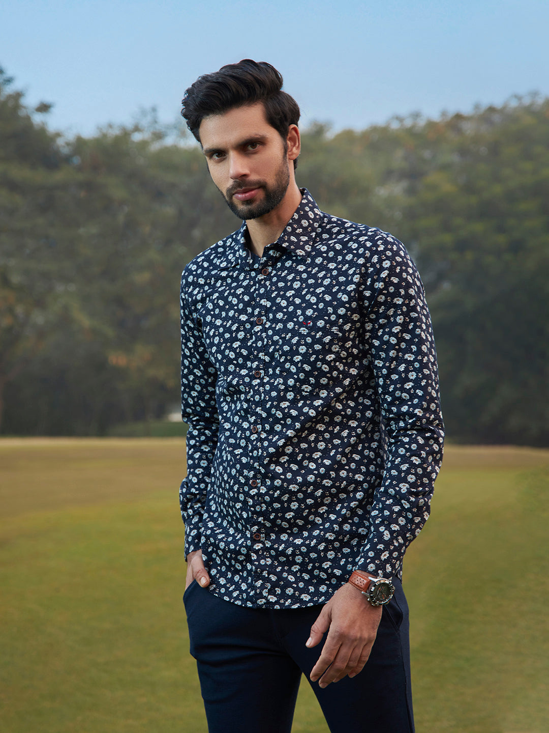 Navy Blue Floral Printed Shirt - Men Shirts