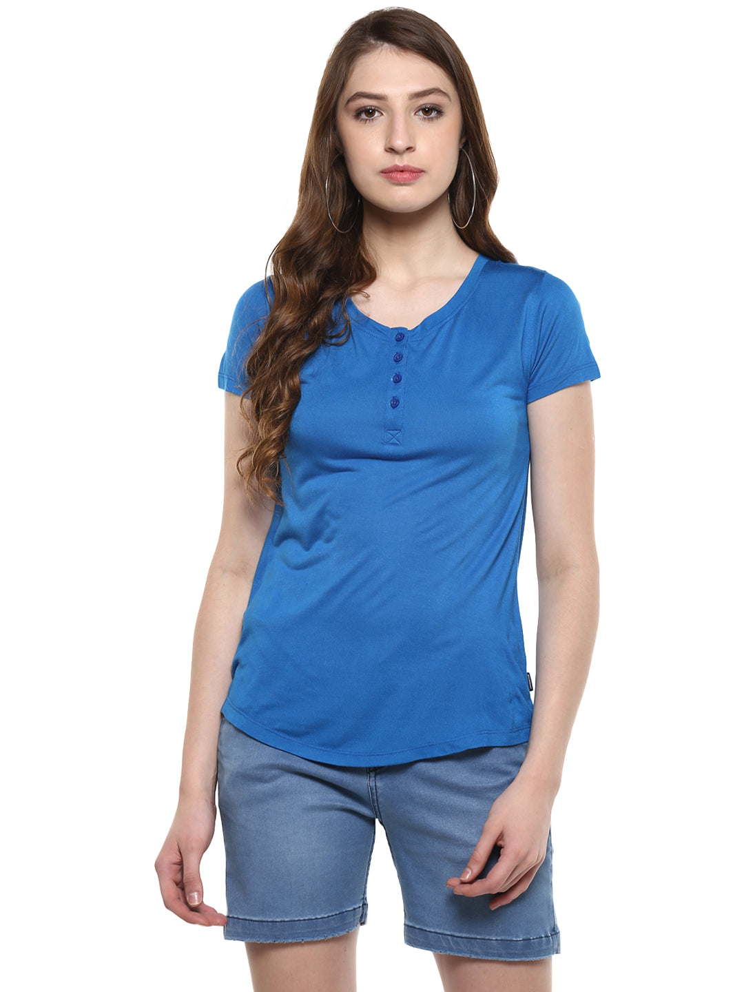 Blue Henley Neck T-Shirt - Women T-Shirts