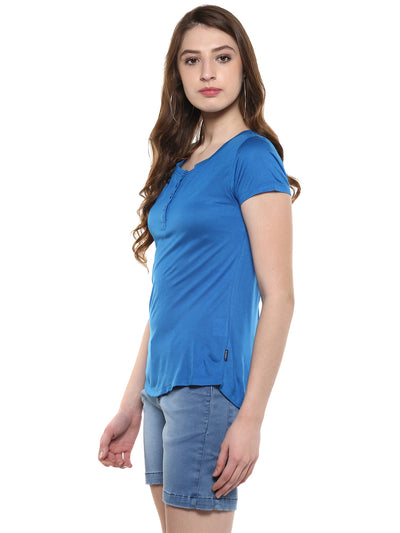 Blue Henley Neck T-Shirt - Women T-Shirts
