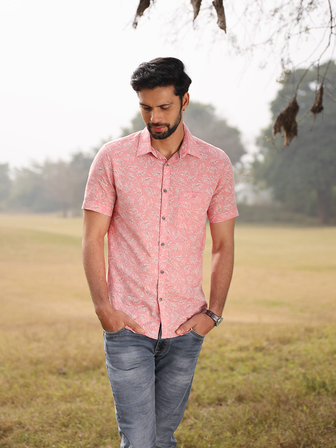 Pink Floral Linen Shirt - Men Shirts