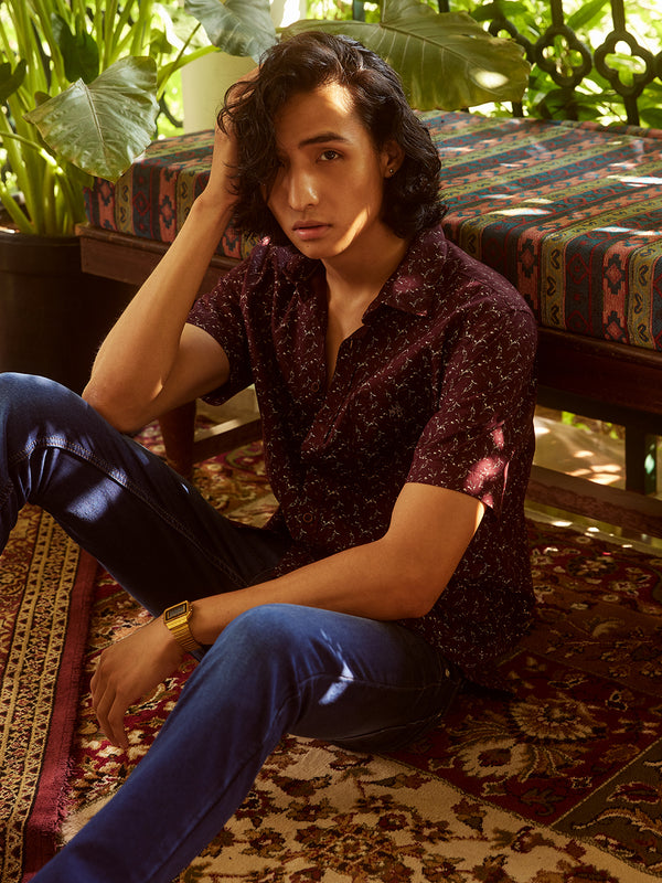 Wine Short-Sleeved Floral Shirt-Men Shirts-Crimsoune Club