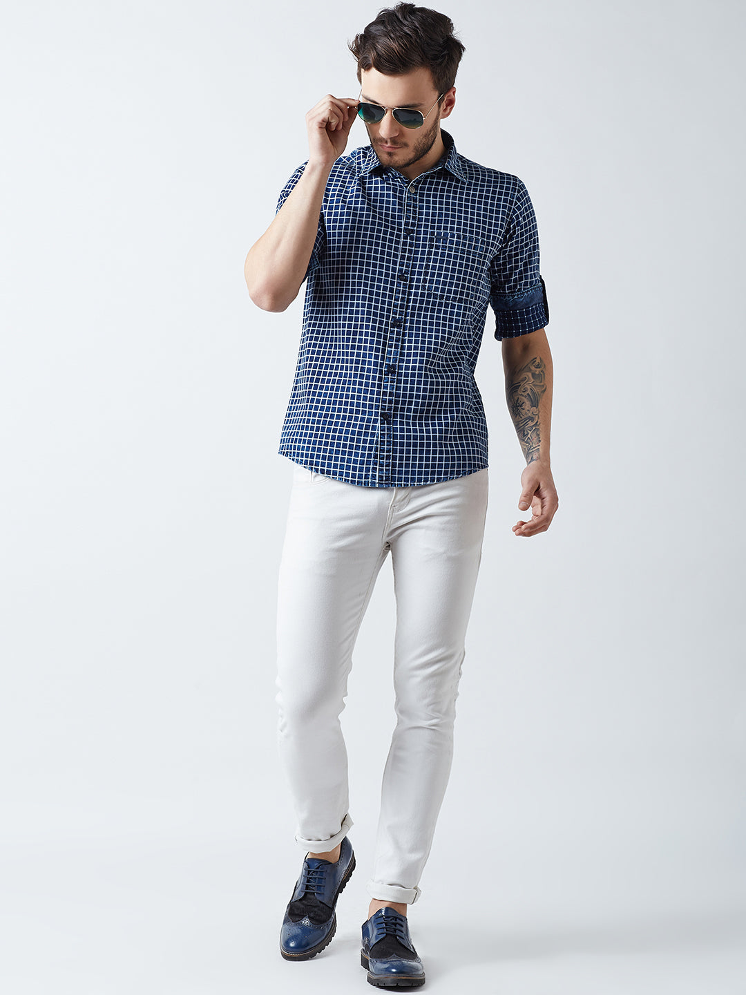 Blue Checked Spread Collar Casual Shirt - Men Shirts