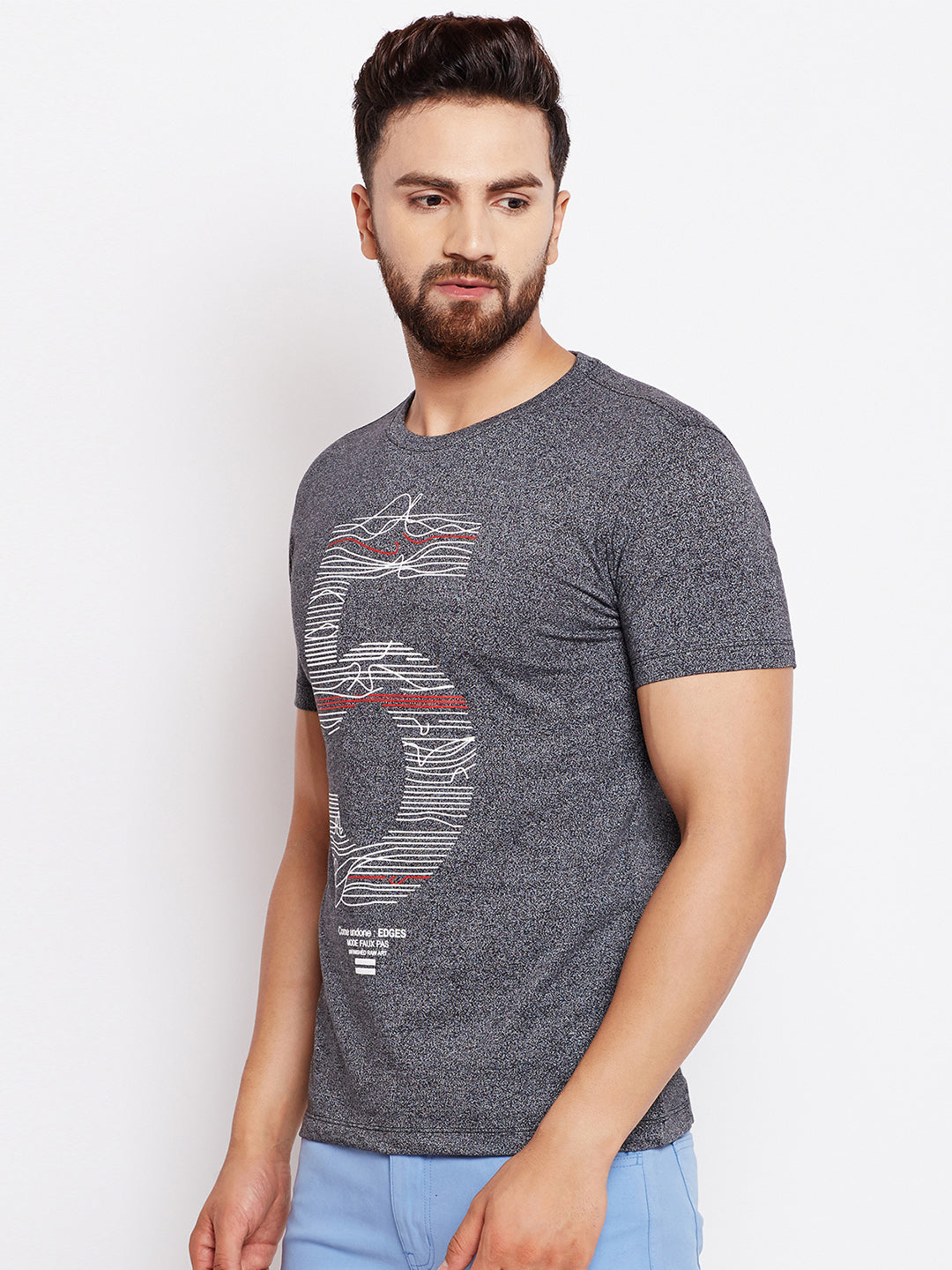 Grey Printed Round Neck T-Shirt - Men T-Shirts