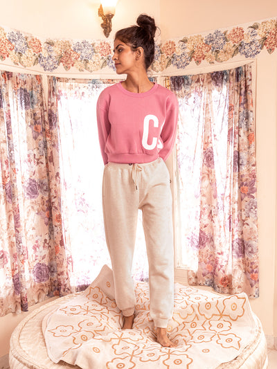Pink Cropped Typographic Sweatshirt-Women Sweatshirts-Crimsoune Club