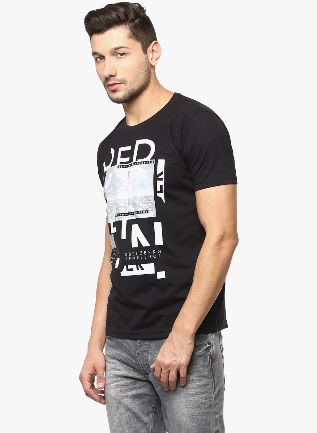Black Graphic Print Round Neck T-shirt - Men T-Shirts