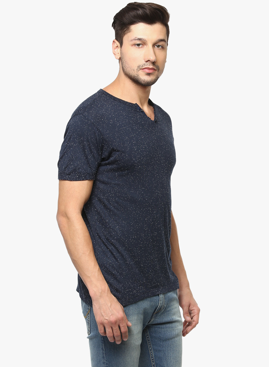 Navy Blue Printed Henley Neck T-shirt - Men T-Shirts