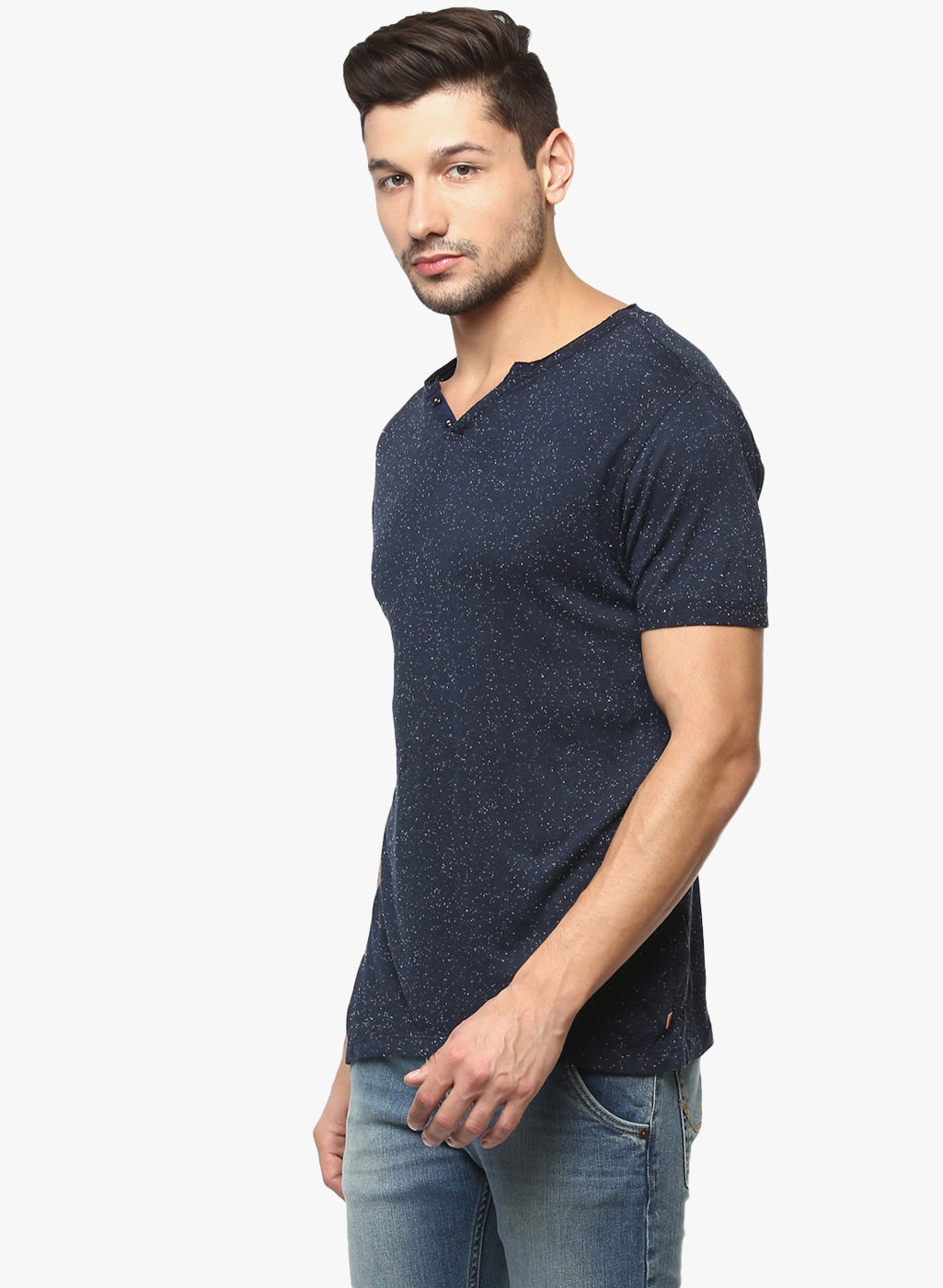 Navy Blue Printed Henley Neck T-shirt - Men T-Shirts