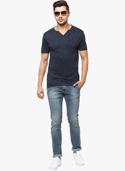 Navy Blue Printed Henley Neck T-shirt - Men T-Shirts