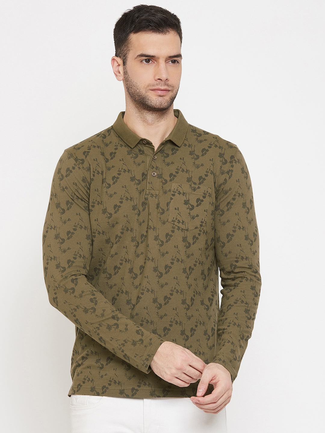 Olive Printed Polo Neck T-Shirt - Men T-Shirts