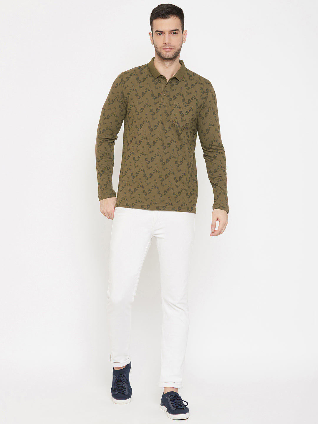 Olive Printed Polo Neck T-Shirt - Men T-Shirts