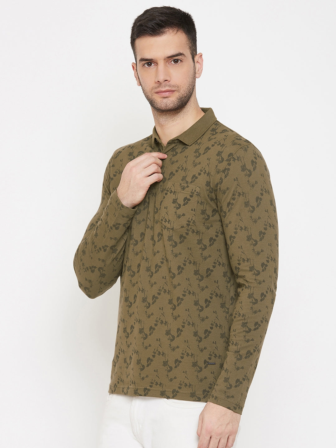 Olive Printed Polo Neck T-Shirt - Men T-Shirts