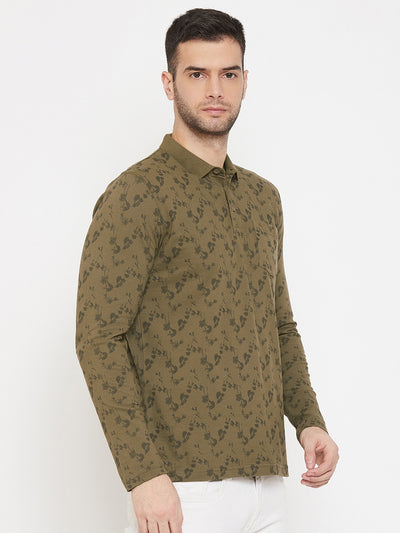 Olive Printed Polo Neck T-Shirt - Men T-Shirts