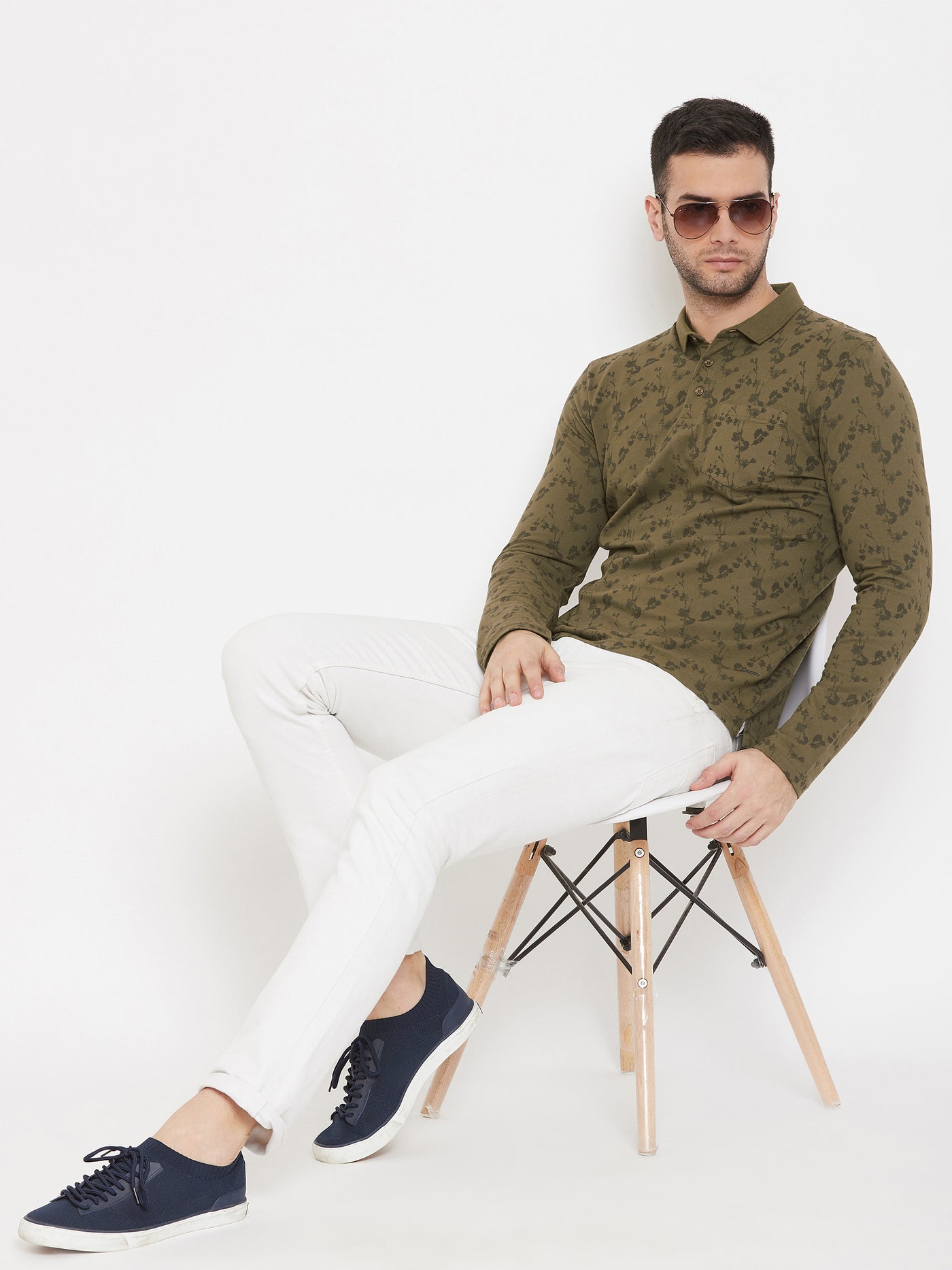 Olive Printed Polo Neck T-Shirt - Men T-Shirts