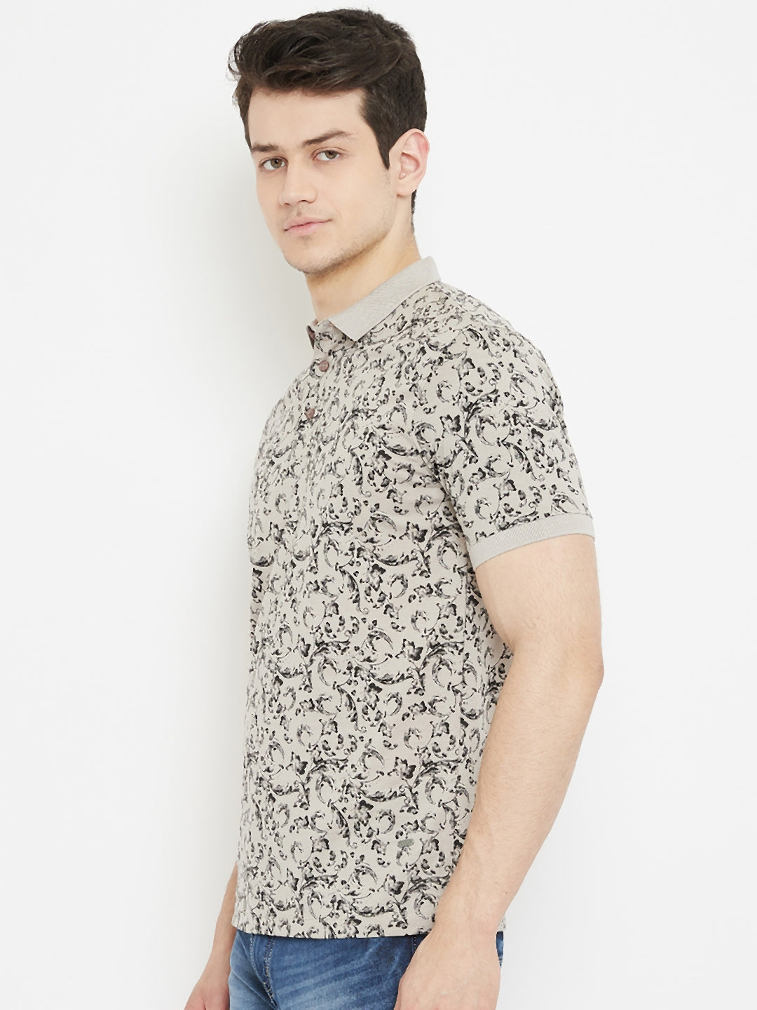 Grey Printed Polo Neck T-Shirt - Men T-Shirts