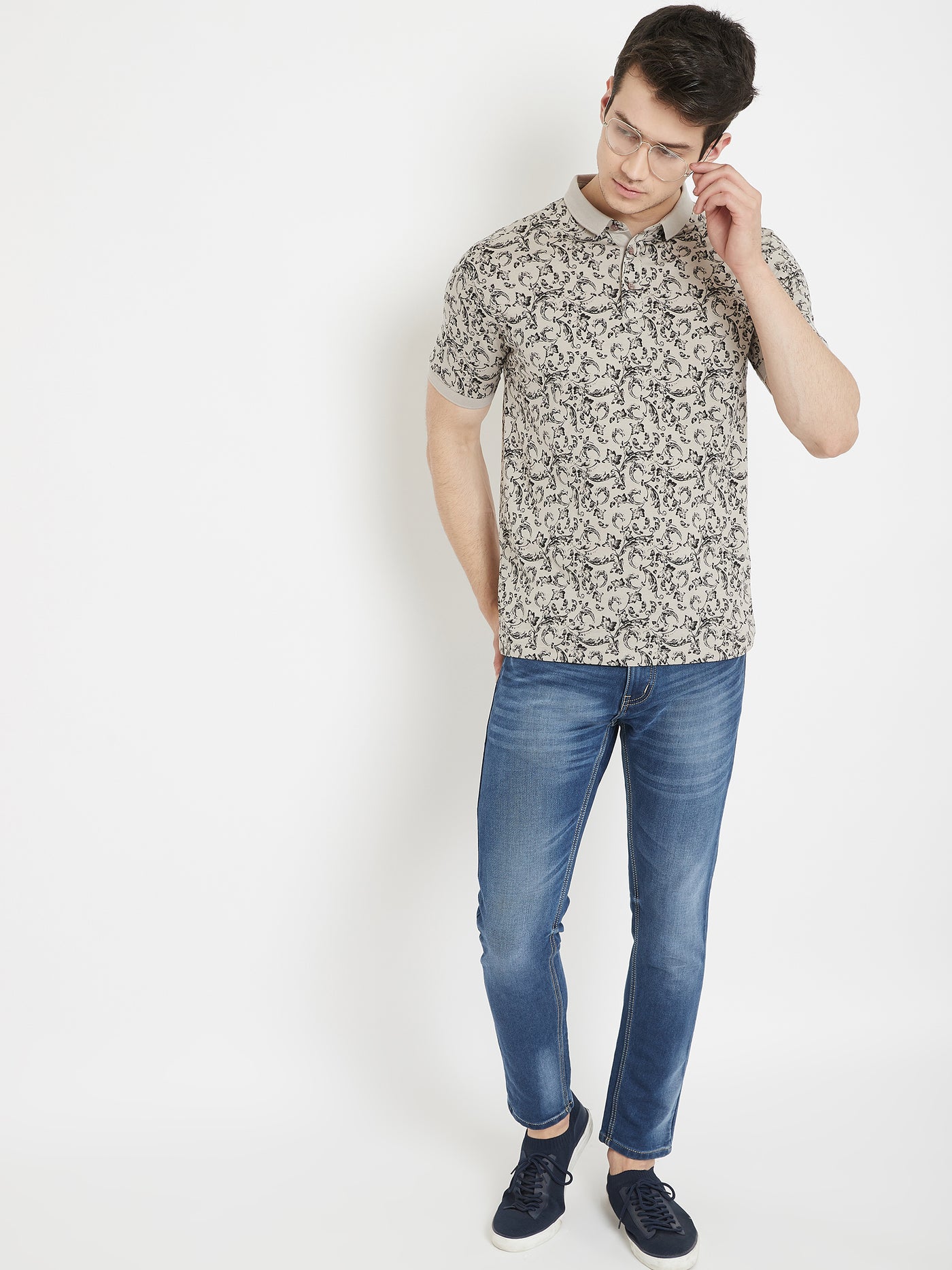 Grey Printed Polo Neck T-Shirt - Men T-Shirts