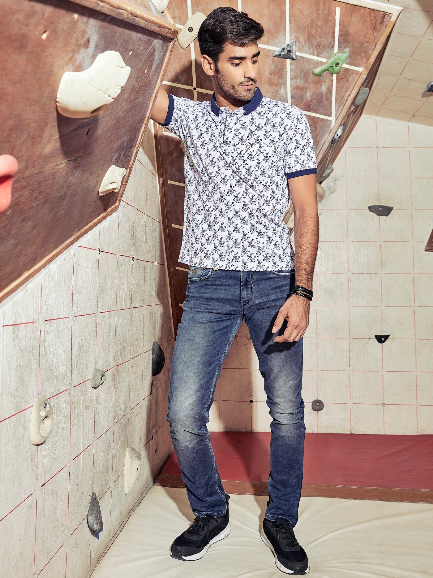 White Printed Polo Neck T-Shirt - Men T-Shirts