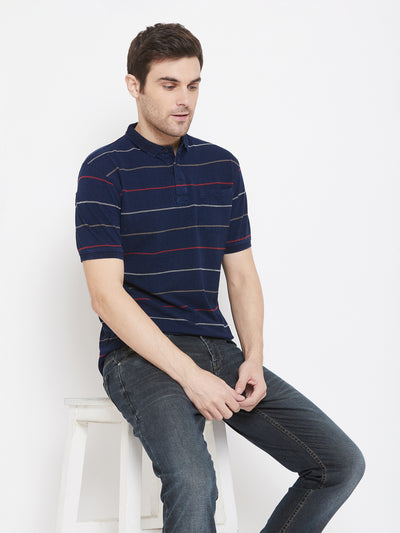 Navy Blue Striped Polo Neck T-Shirt - Men T-Shirts