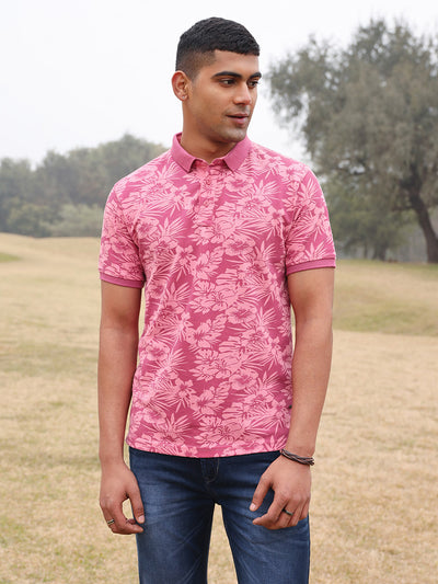 Pink Floral Printed Polo T-Shirt - Men T-Shirts