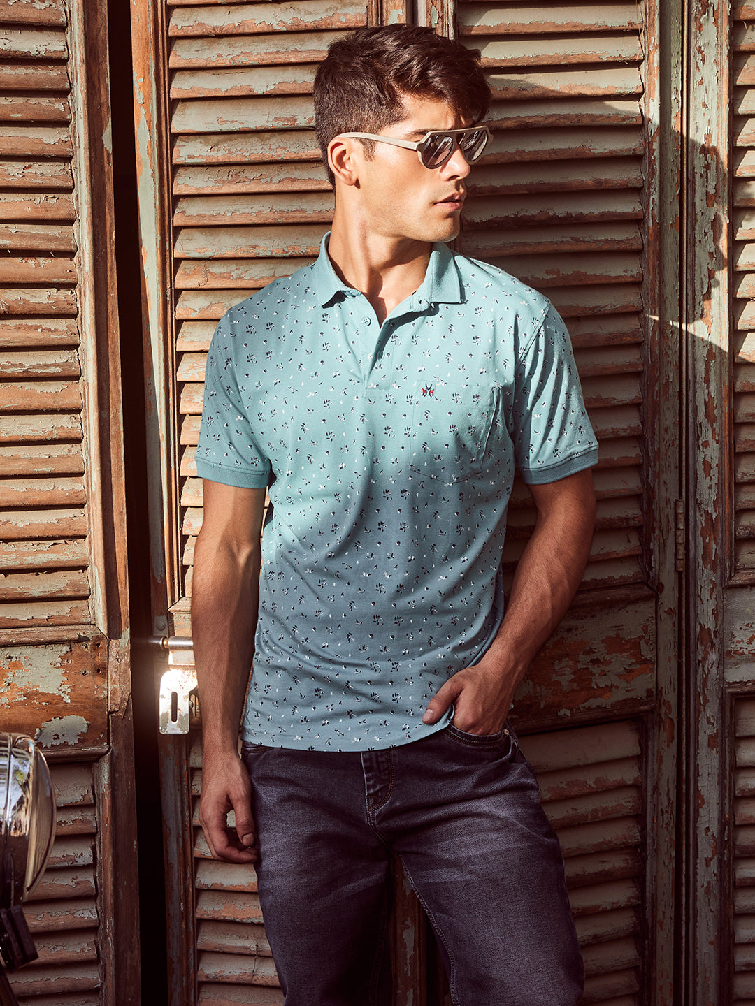 Light Blue Floral Polo T-Shirt-Men T-Shirts-Crimsoune Club