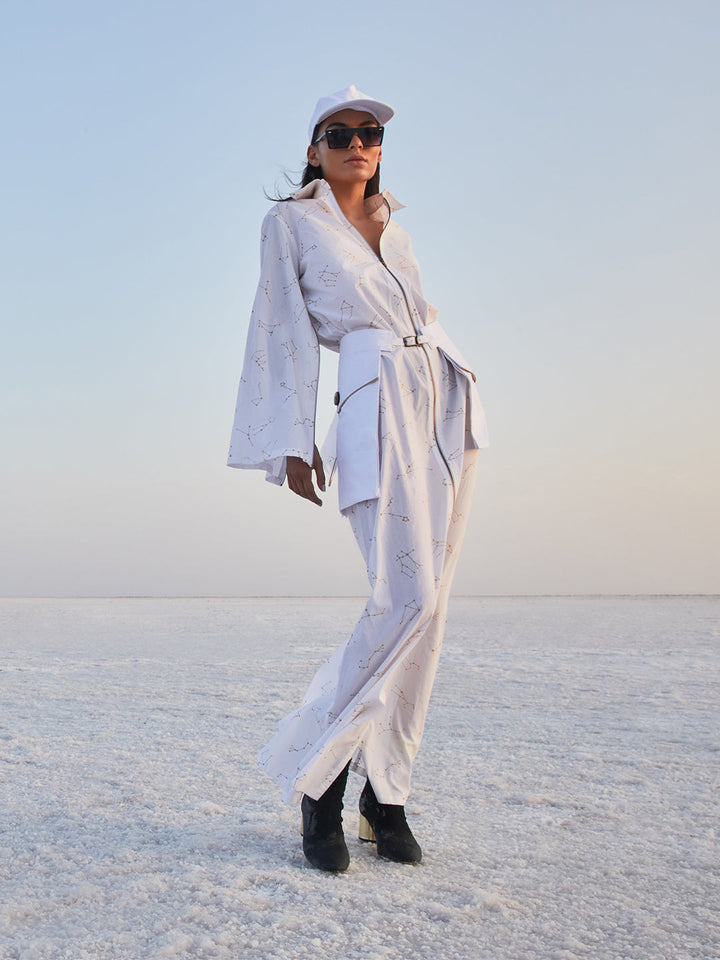 White Printed Shirt Style Longline Cotton Dress - Women Dresses