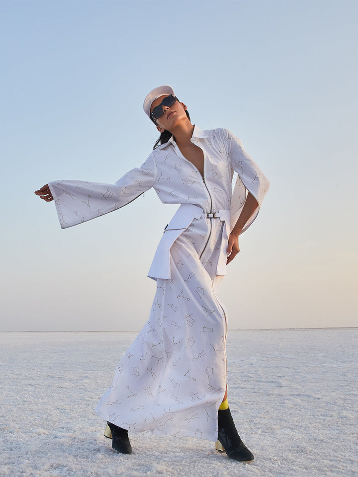 White Printed Shirt Style Longline Cotton Dress - Women Dresses