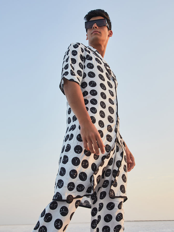 White Polka Dot Printed Short Sleeves Longline Blazer-Men Blazers-Crimsoune Club