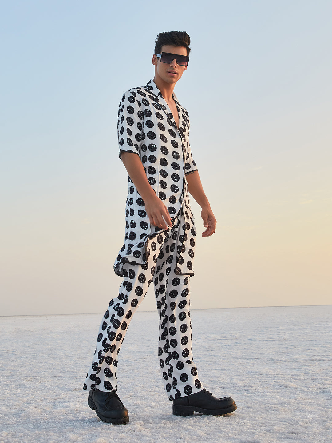 White Polka Dot Printed Short Sleeves Longline Blazer-Men Blazers-Crimsoune Club