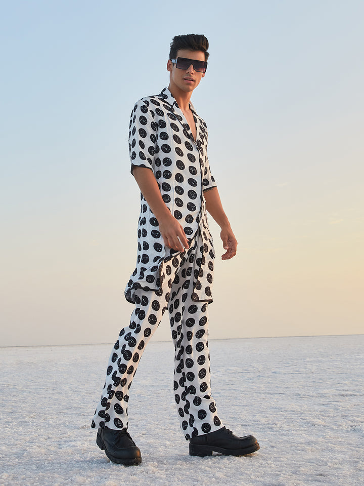 White Polka Dot Printed Short Sleeves Longline Blazer-Men Blazers-Crimsoune Club