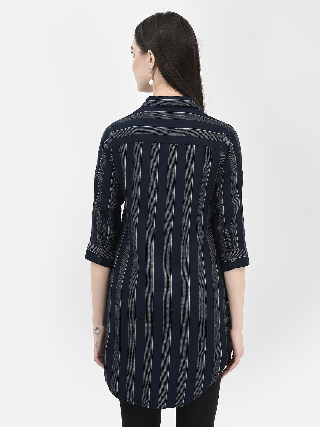 Vertical Striped Navy Blue Longline Shirt