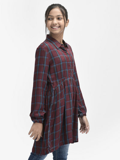  Wine Checked Shirt Dress