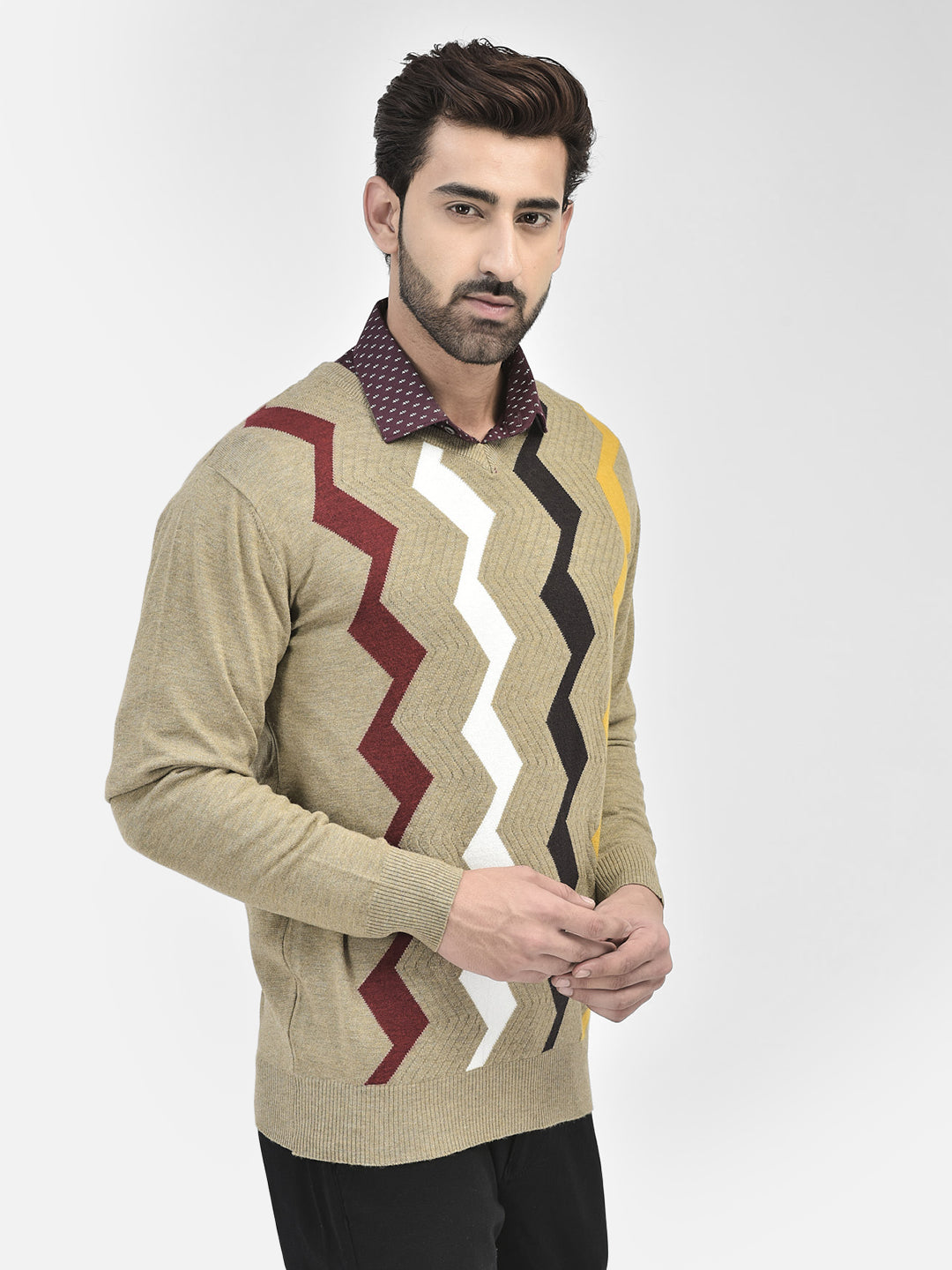 Beige Printed V-Neck Sweaters.